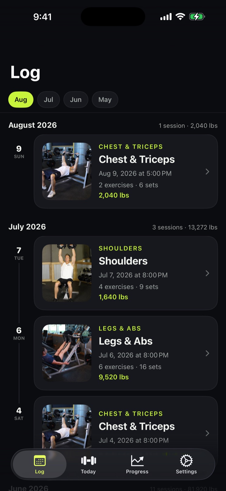 The Log screen showing workouts grouped by month with session volume totals