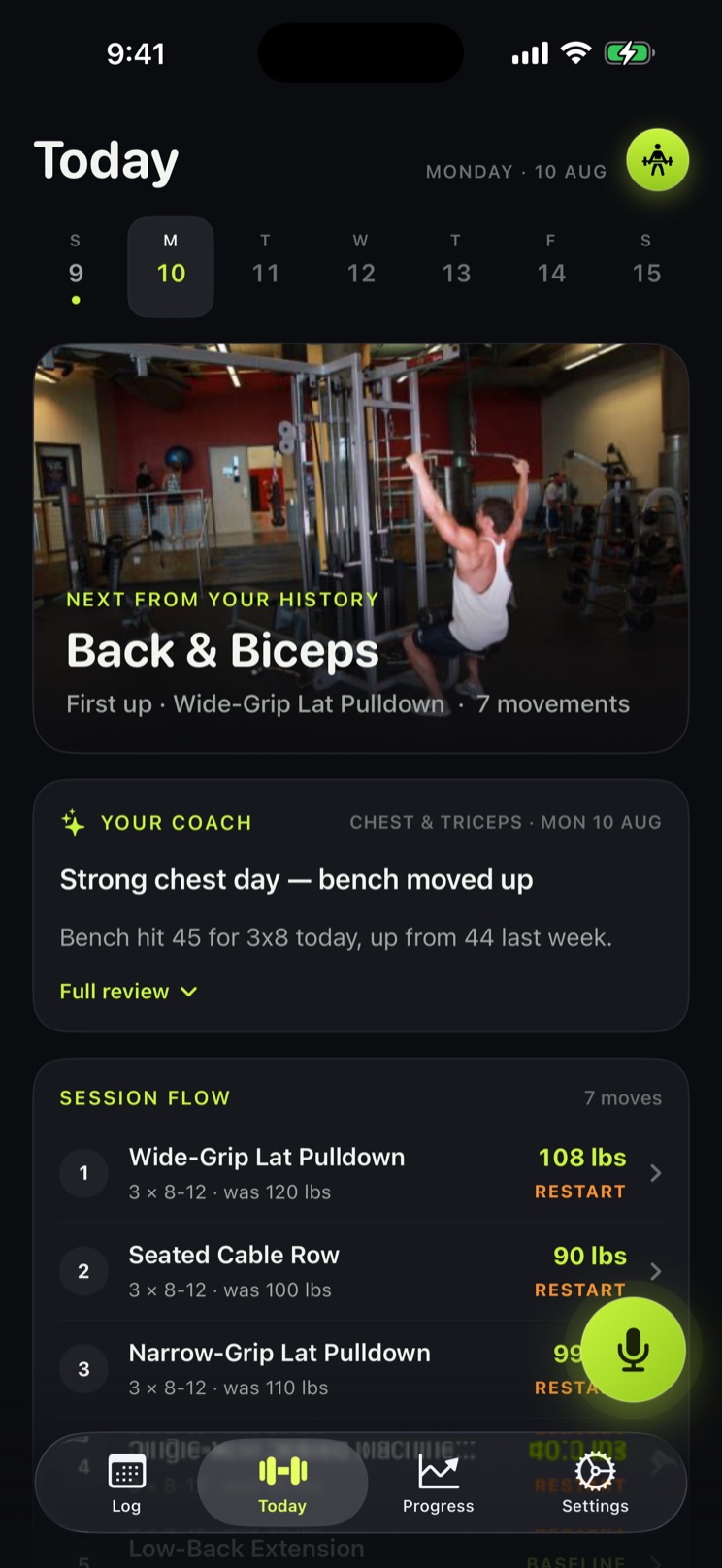 The Today screen: the next session from your history, a coach card, and the session flow with a working weight per exercise