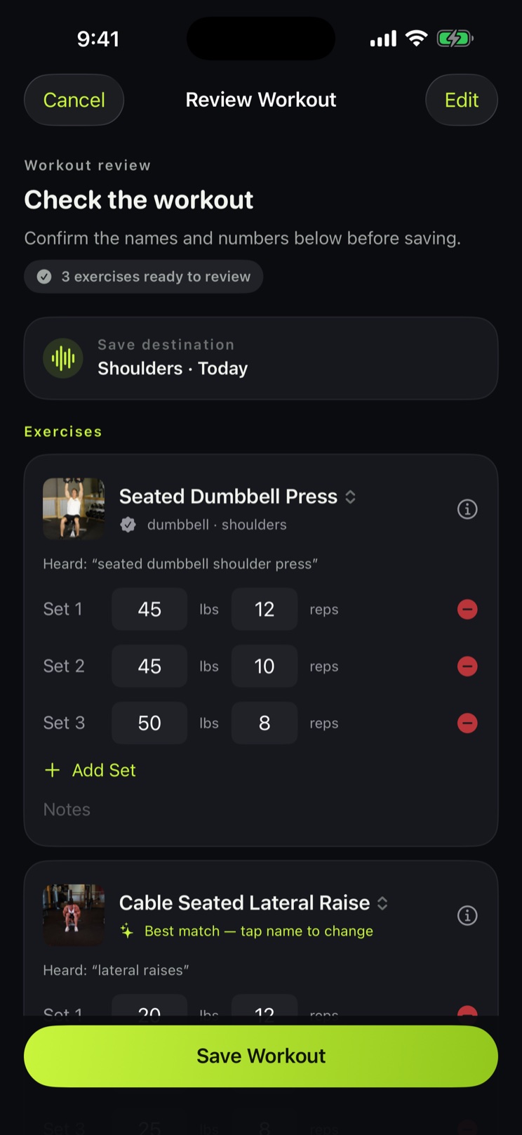 Superset's review screen after a voice log, showing the exercises, sets, reps and weights it heard